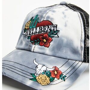 Catchfly Western Ponytail seam cap,Hellbent embroidered logo,tie dye,Bull,floral